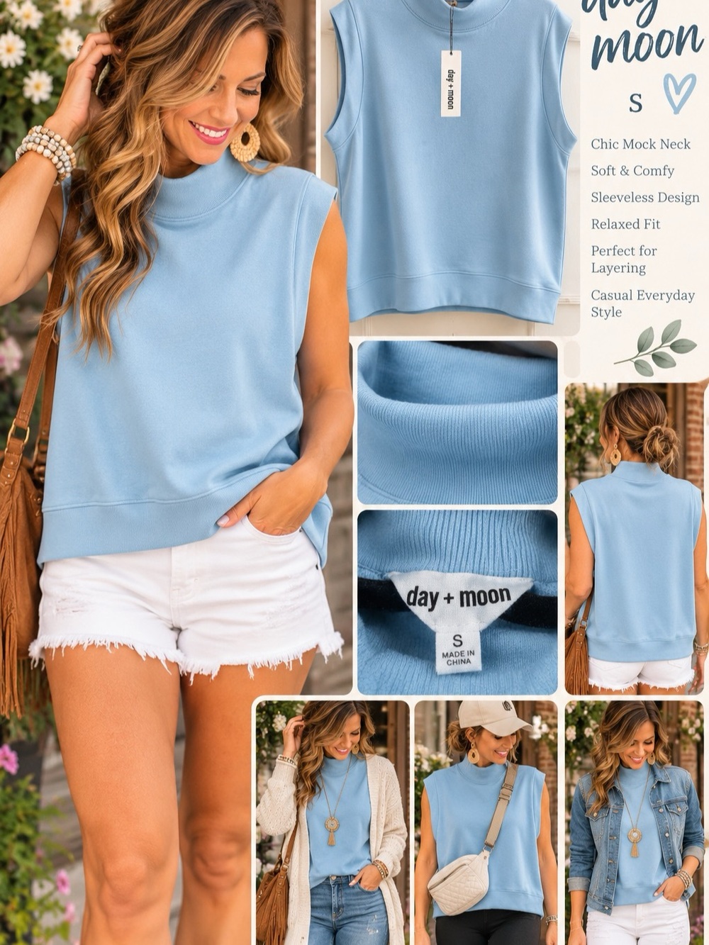 day + moon Mock Neck Sleeveless Sweatshirt Blue Size Small